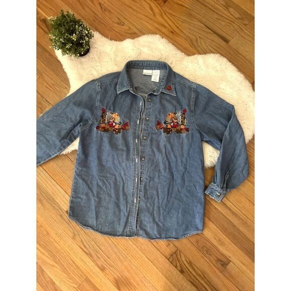Vintage 90s Bobbie Brooks Autumn Thanksgiving Denim Shirt - Picture 1 of 7